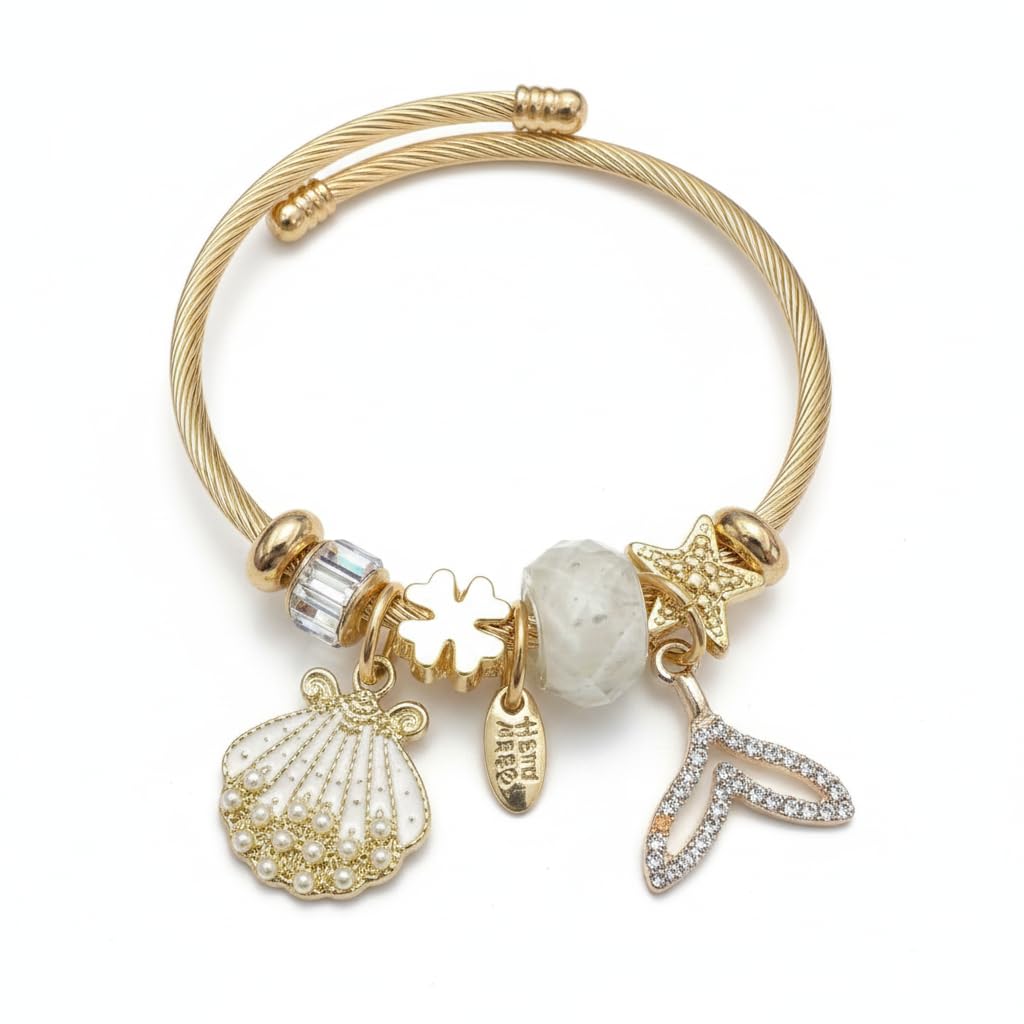 BC26141-Gold Tone Cable Bangle Bracelet with Beach Theme Charms, Seashell Starfish Flip Flop Dangles, Assorted Colours and Designs