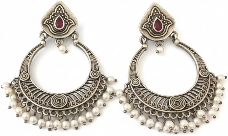 1530-Pretty Precious Oxidised Silver Stylish Party Wear Earrings for Women and Girls-Ruby