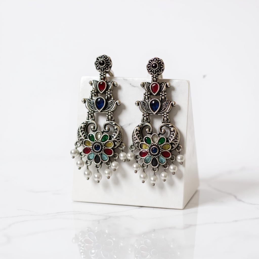 1349-Pretty Precious Oxidised Silver Stylish Party Wear Earrings for Women and Girls-Multicolour
