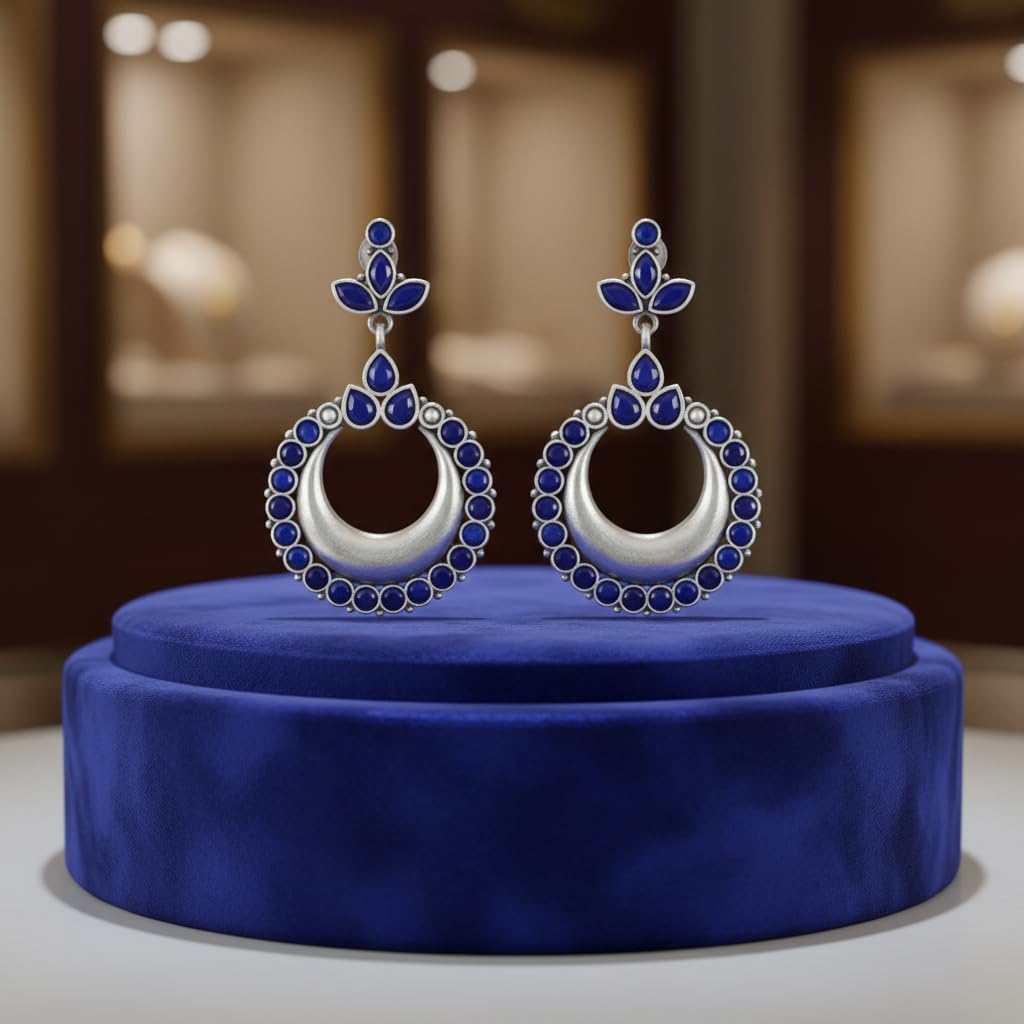 1535-Pretty Precious Oxidised Silver Stylish Party Wear Earrings for Women and Girls-Blue & Ruby White