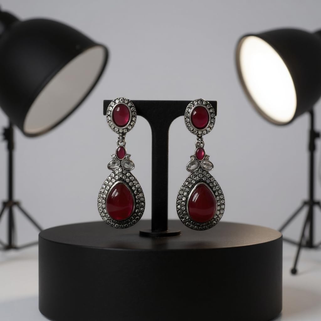 1363-Pretty Precious Oxidised Silver Stylish Party Wear Earrings for Women and Girls-Red Colour