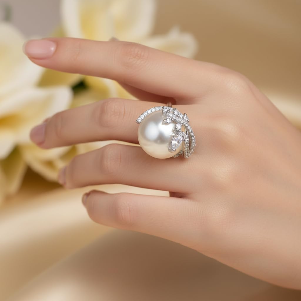 442408-Pretty Precious Pearl & American Diamond Adjustable Ring for Women | Silver Tone Statement Finger Ring | Elegant Party & Wedding Jewellery-Silver with Pearl