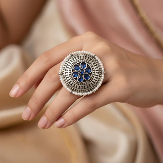 810152-Pretty Precious Oxidised Adjustable Finger Ring for Women & Girls | Vintage Traditional Statement Ring | Free Size Fashion Jewellery-Blue colour with White Moti