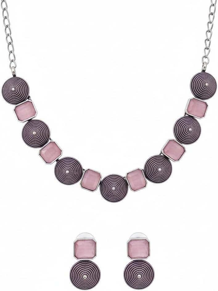801221-Pretty Precious Latest Stylish Traditional Oxidised Silver Necklace Jewellery Set for Women | Antique Finish Ethnic Necklace with Matching Earrings | Festive & Party Wear-Pink Colour