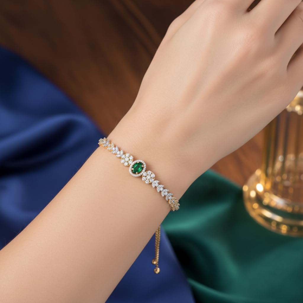 439543-Pretty Precious Gold Plated Cubic Zirconia Adjustable Chain Bracelet for Women | Elegant CZ Bracelet | Party, Wedding & Daily Wear Jewellery-Green