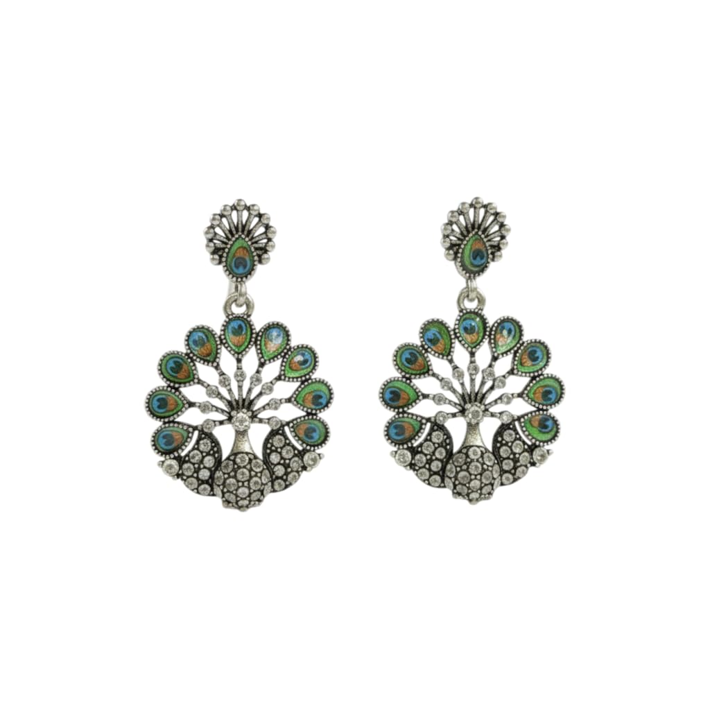 1344-Pretty Precious Oxidised Silver Earrings for Women, Party Wear Dangle Earrings with Cubic Zirconia Stones, Silver Plating-Peacock Design