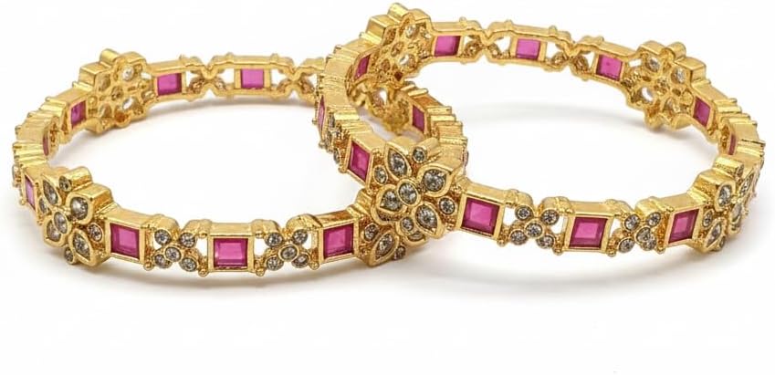 1495-Pretty Precious Gold Plated Cubic Zirconia/American Diamond Traditional Bangles/Bracelet Set of 2 for Women and Girls- Ruby (Size 2.4)