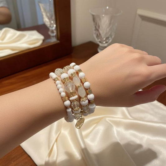 BC26154-Pretty Precious Boho Stackable Beaded Bracelet Set – Elastic Bracelets for Women – Coastal Inspired – Adjustable Handmade Beaded Bracelet (4-Piece Set)-Assorted Colour (White)