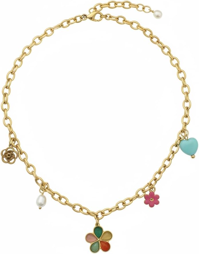 1370-Pretty Precious Gold Chain Necklace with Colorful Flower and Heart Charms, Pearl Accent-Design-5