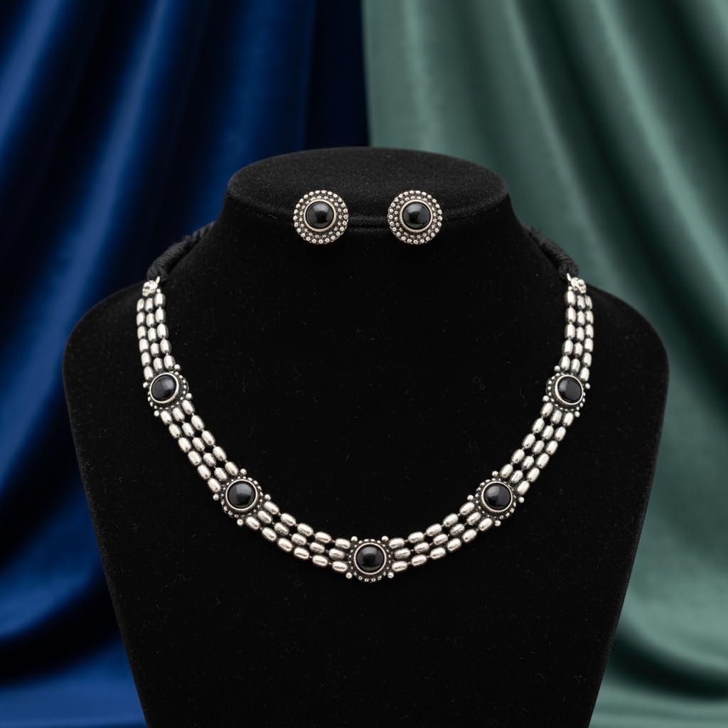 806760-Pretty Precious Latest Stylish Traditional Oxidised Silver Necklace Jewellery Set for Women | Antique Finish Ethnic Necklace with Matching Earrings | Festive & Party Wear-Black Colour