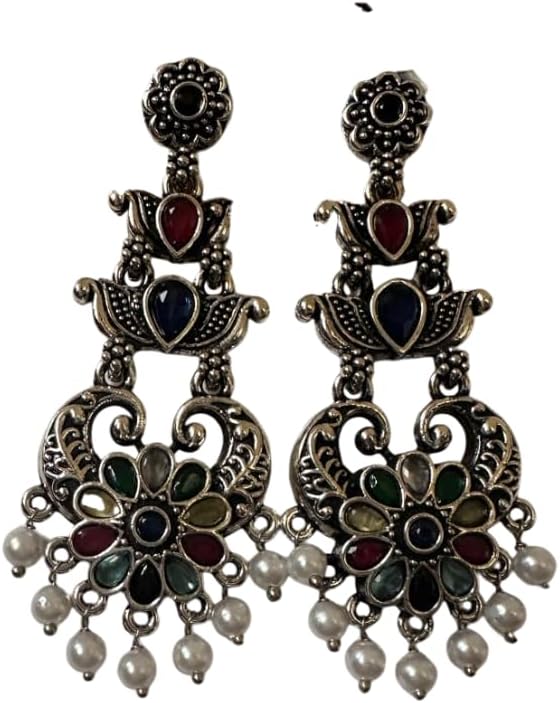 1349-Pretty Precious Oxidised Silver Stylish Party Wear Earrings for Women and Girls-Multicolour
