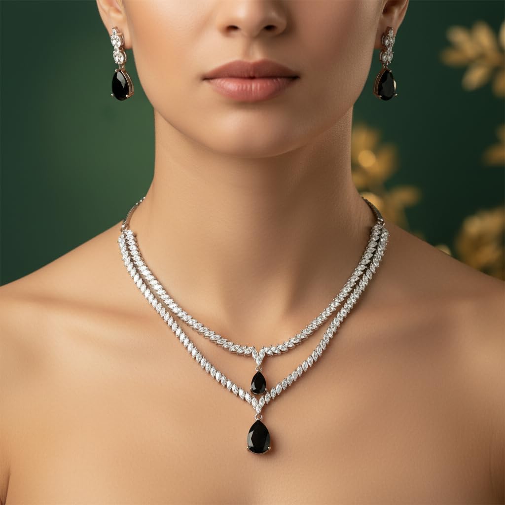434518-Pretty Precious American Diamond Rhodium Plated Layered Necklace and Earrings Set, Black Teardrop Stone, Wedding Party Evening Jewellery for Women and Girls-Black