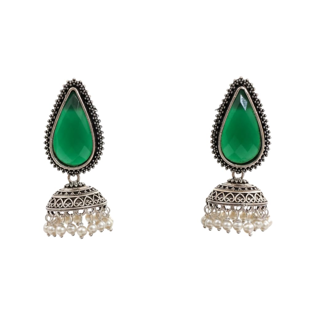1532-Pretty Precious Oxidised Silver Stylish Party Wear Earrings for Women and Girls-Aqua & Green