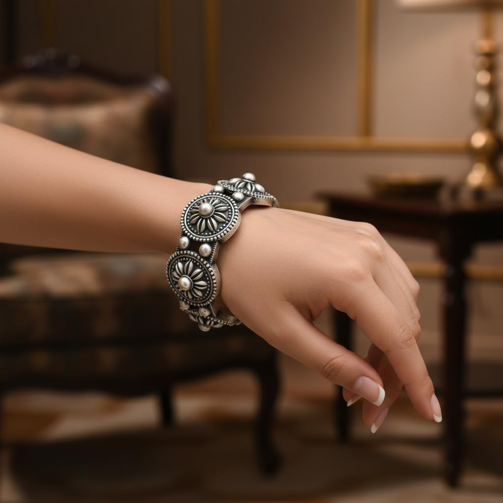 1498-Pretty Precious Oxidised Silver Look Screw Openable Kada Bracelet for Women & Girls | Ethnic & Party Wear Jewellery