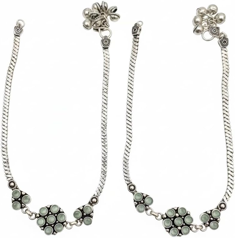 1516-Pretty Precious Oxidised Silver Anklet with Stone Embellishments, Twisted Chain Design, Decorative Clasp-Aqua Colour