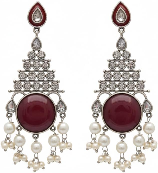 1377-Pretty Precious Oxidised Silver Stylish Party Wear Earrings for Women and Girls-Ruby Colour