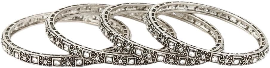 802360-Pretty Precious Oxidised Silver Bangles, Traditional Ethnic Style, Antique Finish, Size 2.4, 2 Pair, 4 Pieces-Ruby Stone