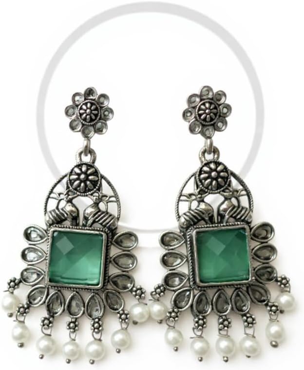 1347-Pretty Precious Oxidised Silver Stylish Party Wear Earrings for Women and Girls-Mint Colour