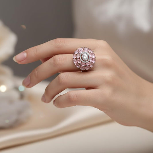 437627-Pretty Precious American Diamond Finger Ring for Women & Girls | Rhodium Plated AD Ring | Adjustable Elegant Party, Wedding & Daily Wear Jewellery-Pink