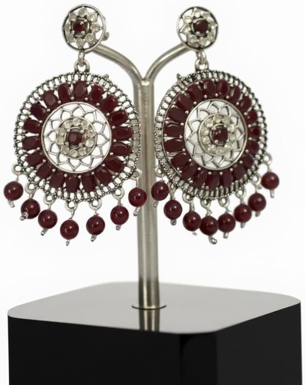 1353-Pretty Precious Oxidised Silver Stylish Party Wear Earrings for Women and Girls-Ruby Colour