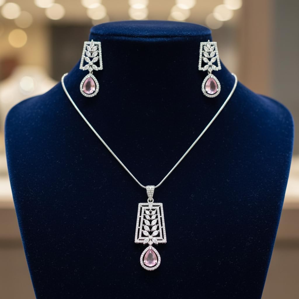 1383-PRETTY PRECIOUS Rodhium-Plated American Diamond Pendant Set with Earrings for Women and Girls, with Chain-Pink