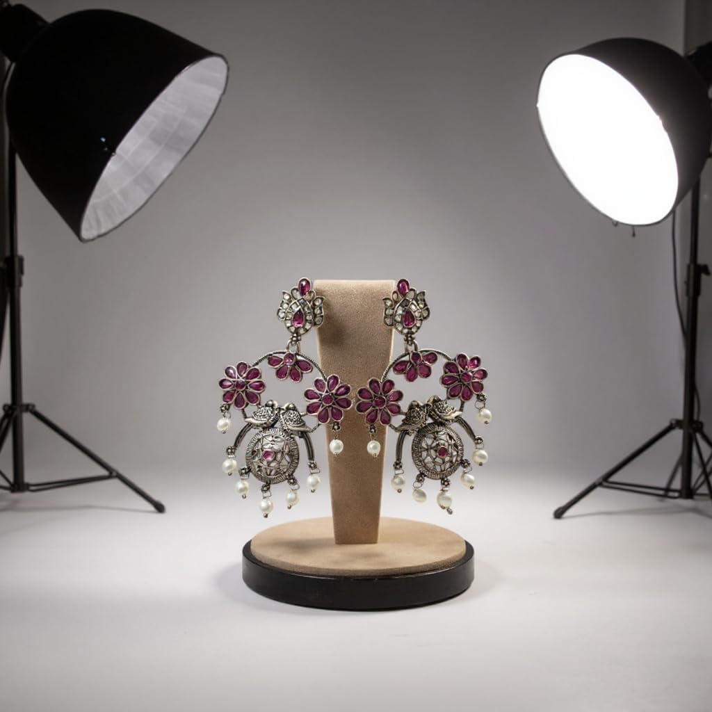 1355-Pretty Precious Oxidised Silver Stylish Party Wear Earrings for Women and Girls-Ruby Colour