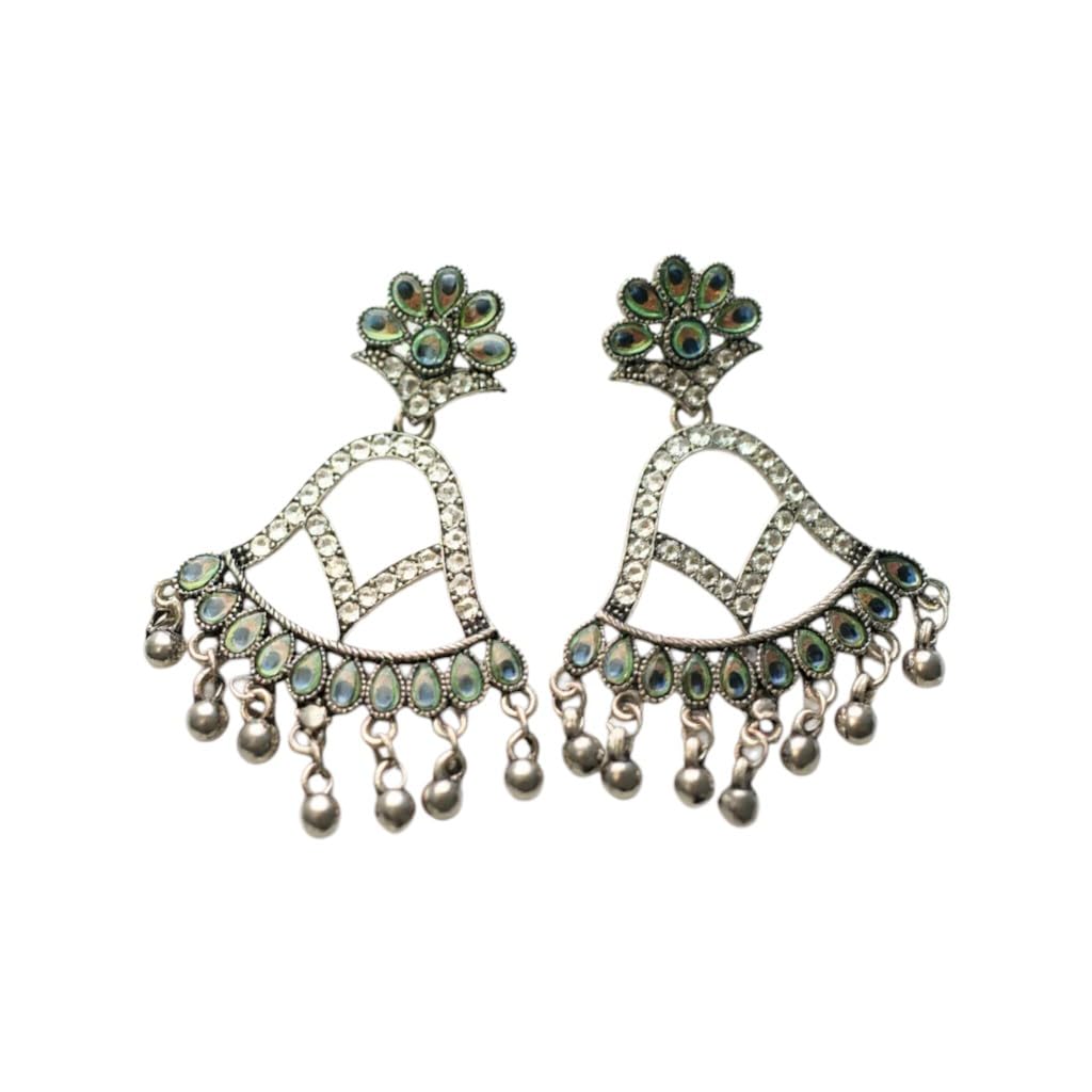 1344-Pretty Precious Oxidised Silver Earrings for Women, Party Wear Dangle Earrings with Cubic Zirconia Stones, Silver Plating-Peacock Design