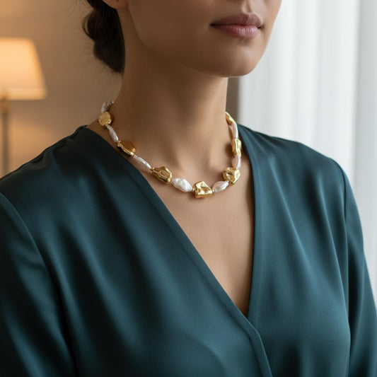 BC12523- Pretty Precious Alternating Gold Metal and White Pearl Beaded Necklace, Irregular Baroque Style, Adjustable Chain Clasp