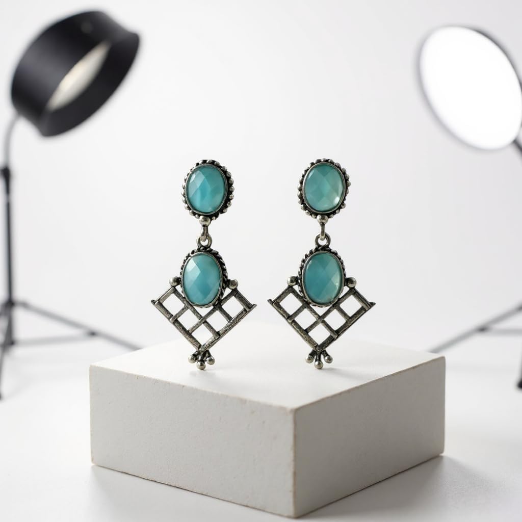 1361-Pretty Precious Oxidised Silver Stylish Party Wear Earrings for Women and Girls-Aqua Colour