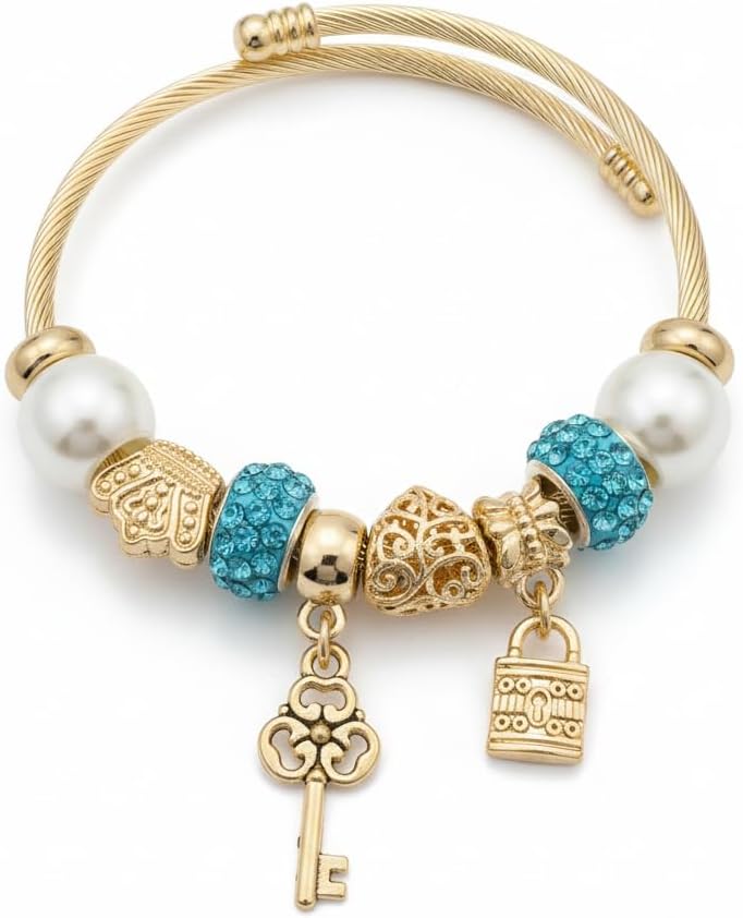 1435-Pretty Precious Gold Twisted Cable Charm Bracelet with Beads, Elephant Charms, Crystal Accents, Adjustable Bangle