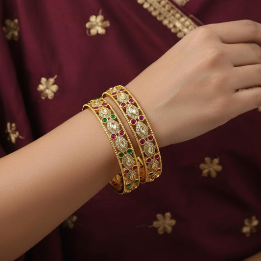 1485-Pretty Precious Gold Plated Cubic Zirconia/American Diamond Traditional Bangles/Bracelet Set of 2 for Women and Girls- Ruby Green (Size 2.8)
