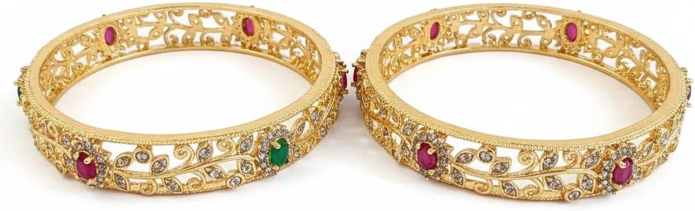 1497-Pretty Precious Gold Plated Cubic Zirconia/American Diamond Traditional Bangles/Bracelet Set of 2 for Women and Girls- Ruby Green (Size 2.6)