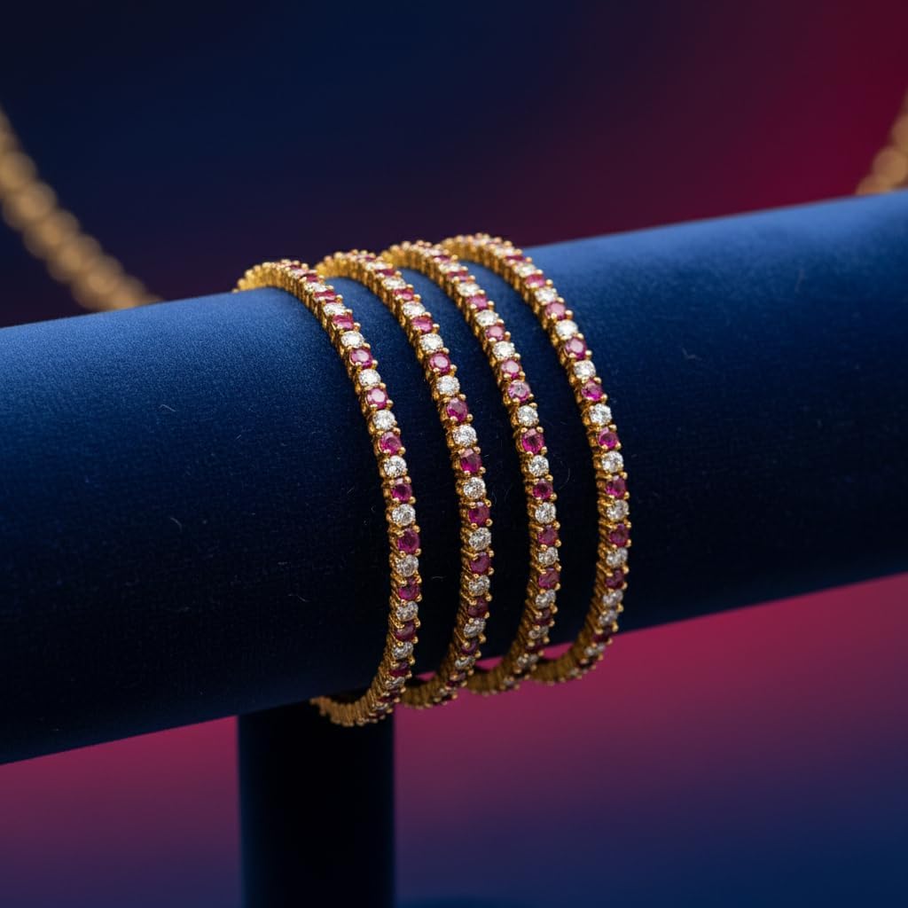 1484-Pretty Precious Gold Plated Cubic Zirconia/American Diamond Traditional Bangles/Bracelet Set of 4 for Women and Girls- Pearl (Size 2.8)