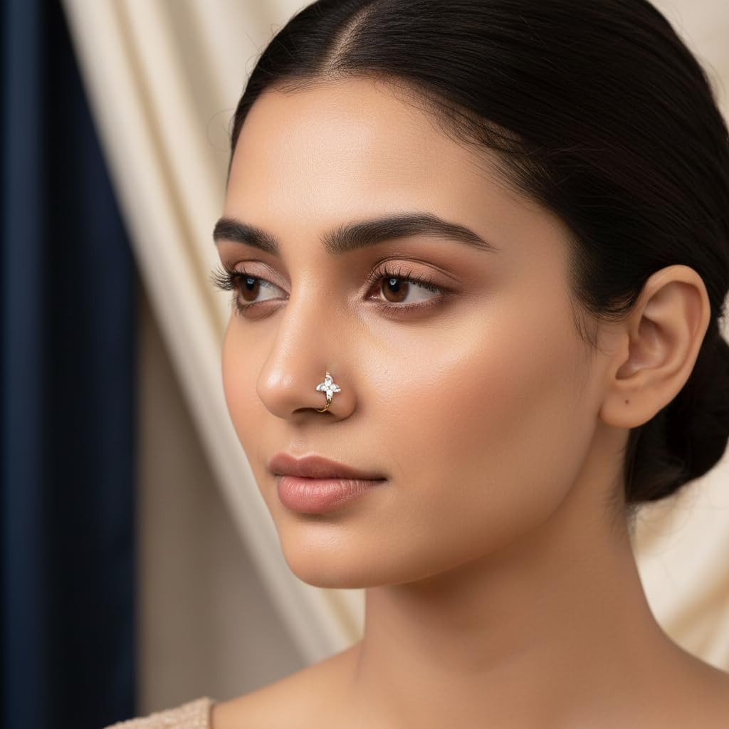 Pretty Precious American Diamond Nose Ring for Women & Girls | Rhodium/Gold Plated AD Nose Pin | Elegant Crystal Stud Nose Jewelry | Lightweight Traditional & Party Wear Nath