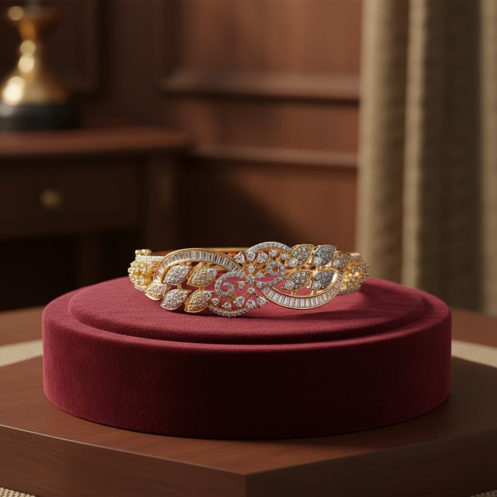 1424-Pretty Precious American Diamond Openable Kada Bracelet for Women, Gold & Silver Plating, Cubic Zirconia, One Size, Party & Wedding-White