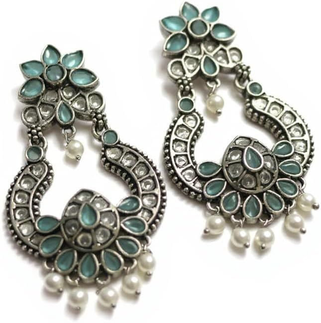 1345-Pretty Precious Oxidised Silver Stylish Party Wear Earrings for Women and Girls-Mint Colour