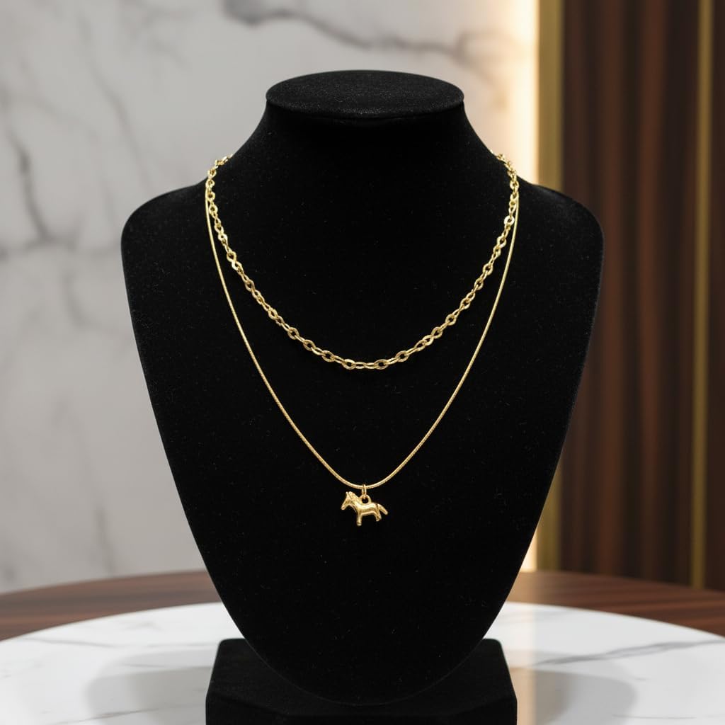 BC12527- Pretty Precious Layered Gold Chain Necklace Set with Horse Pendant Charm, Double Layer Snake Chain and Link Chain