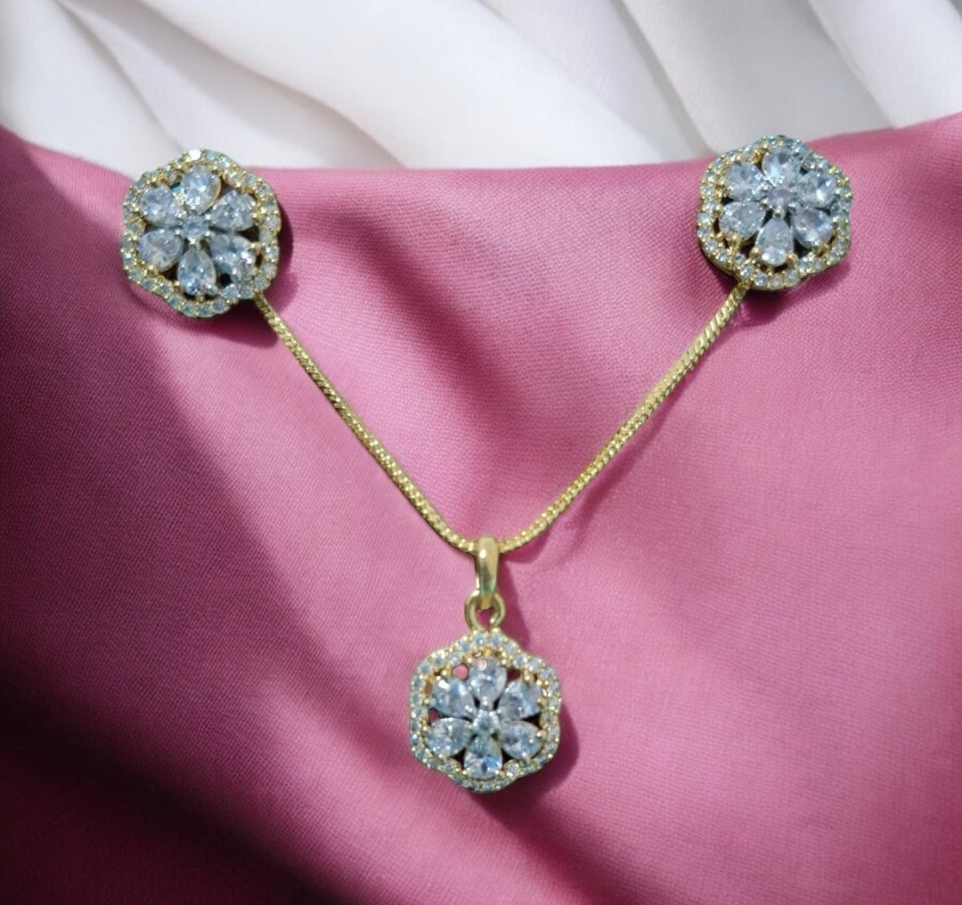 91609-PS-American Diamond Delicate Pendant Set With Gold Plating-Design 2