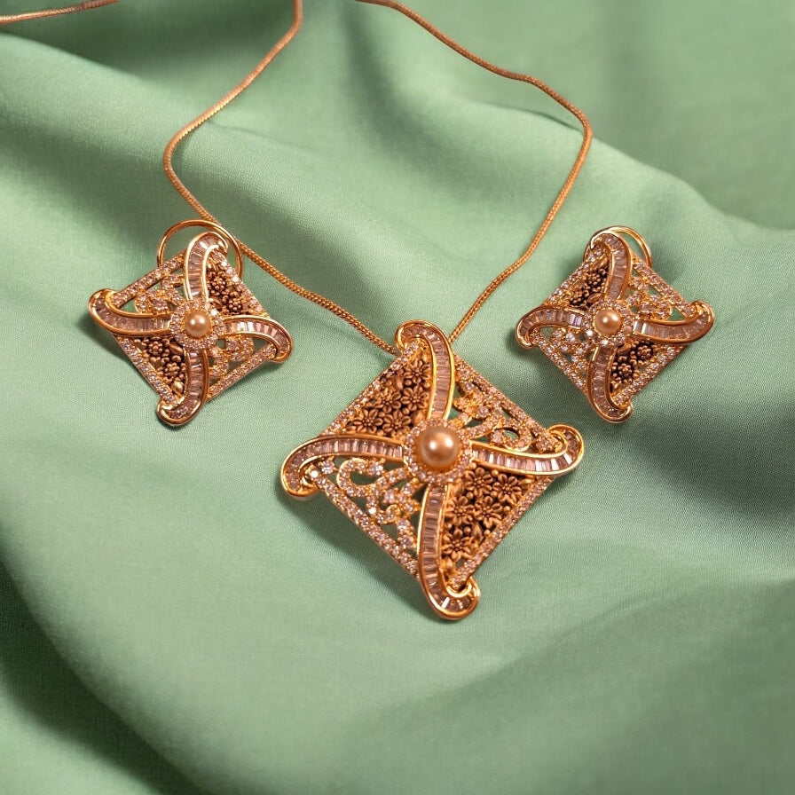 96209-PS-American Diamond Delicate Pendant Set With Gold Plating with Meenakari