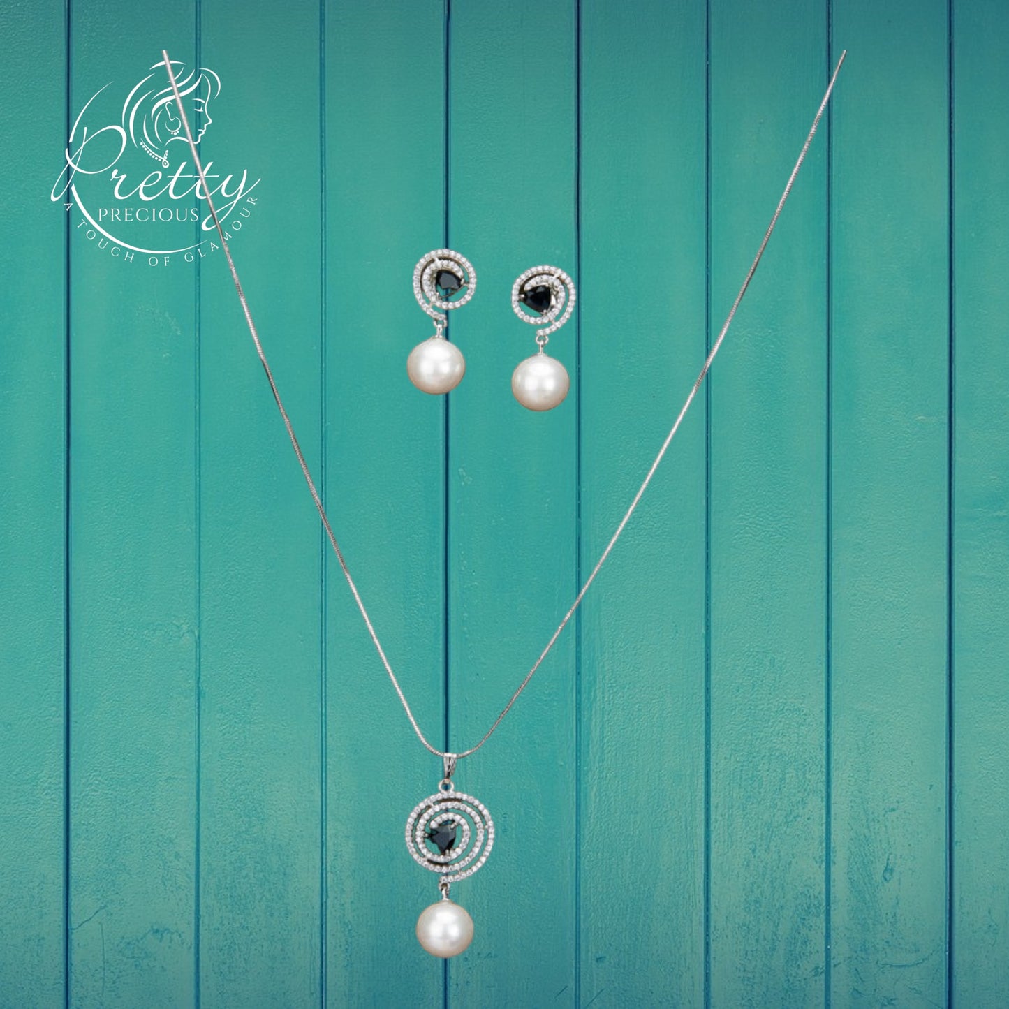 430606 Cubic Zirconia Pearl Pendant Set With Rhodium Plating-Black