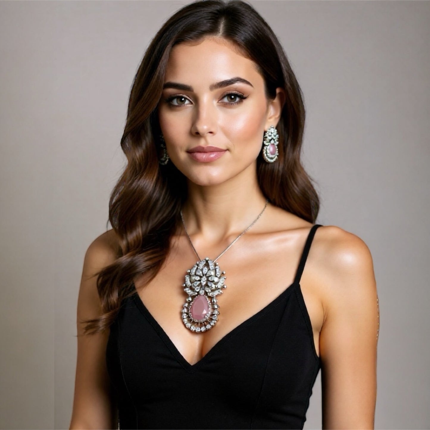 97459-PS-American Diamond Delicate Pendant Set With Rhodium Plating-Pink Moti