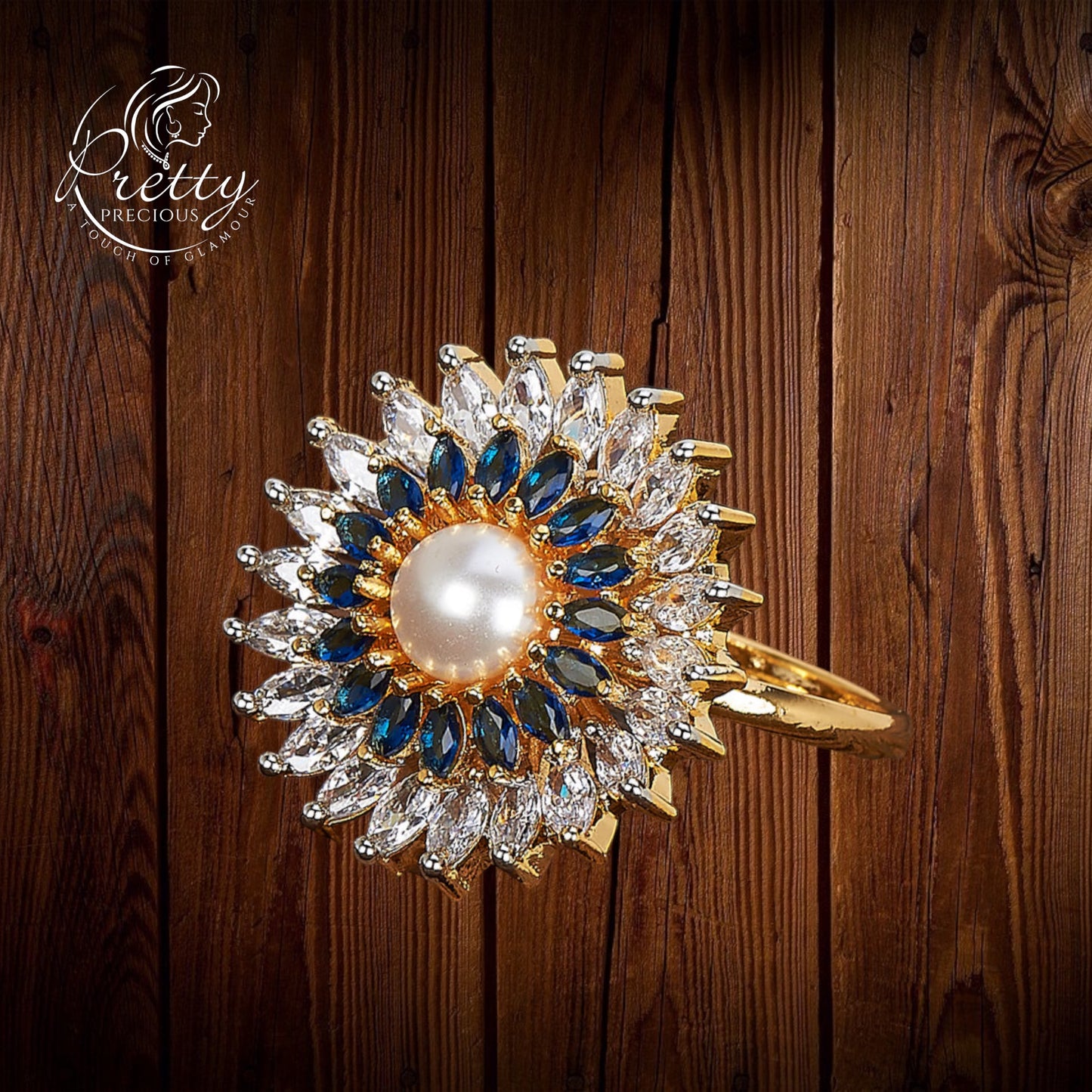 425010-Cubic Zirconia Pearl Ring With 2 Tone Plating-Blue