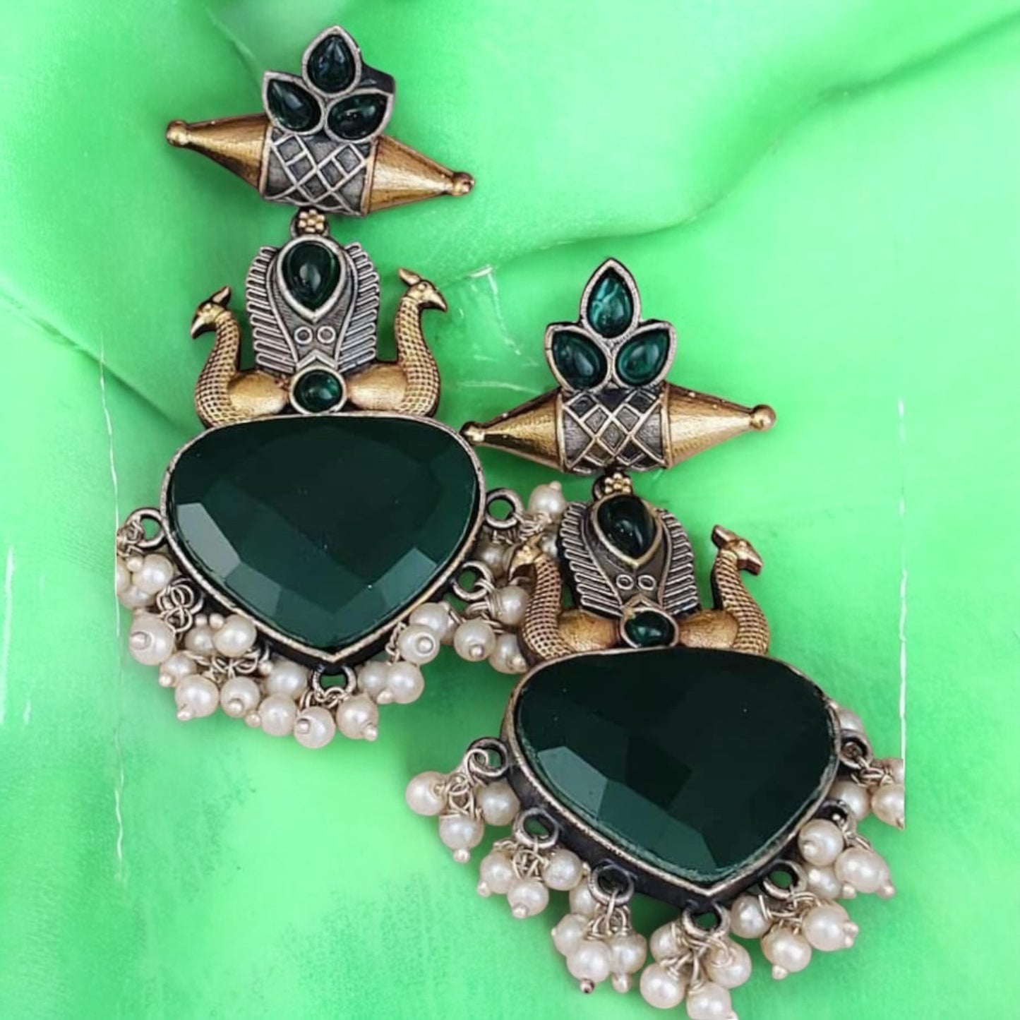 94509-ERO Pretty Precious Fashion Oxidised Silver Stylish Party Wear Earrings for Women and Girls-Green