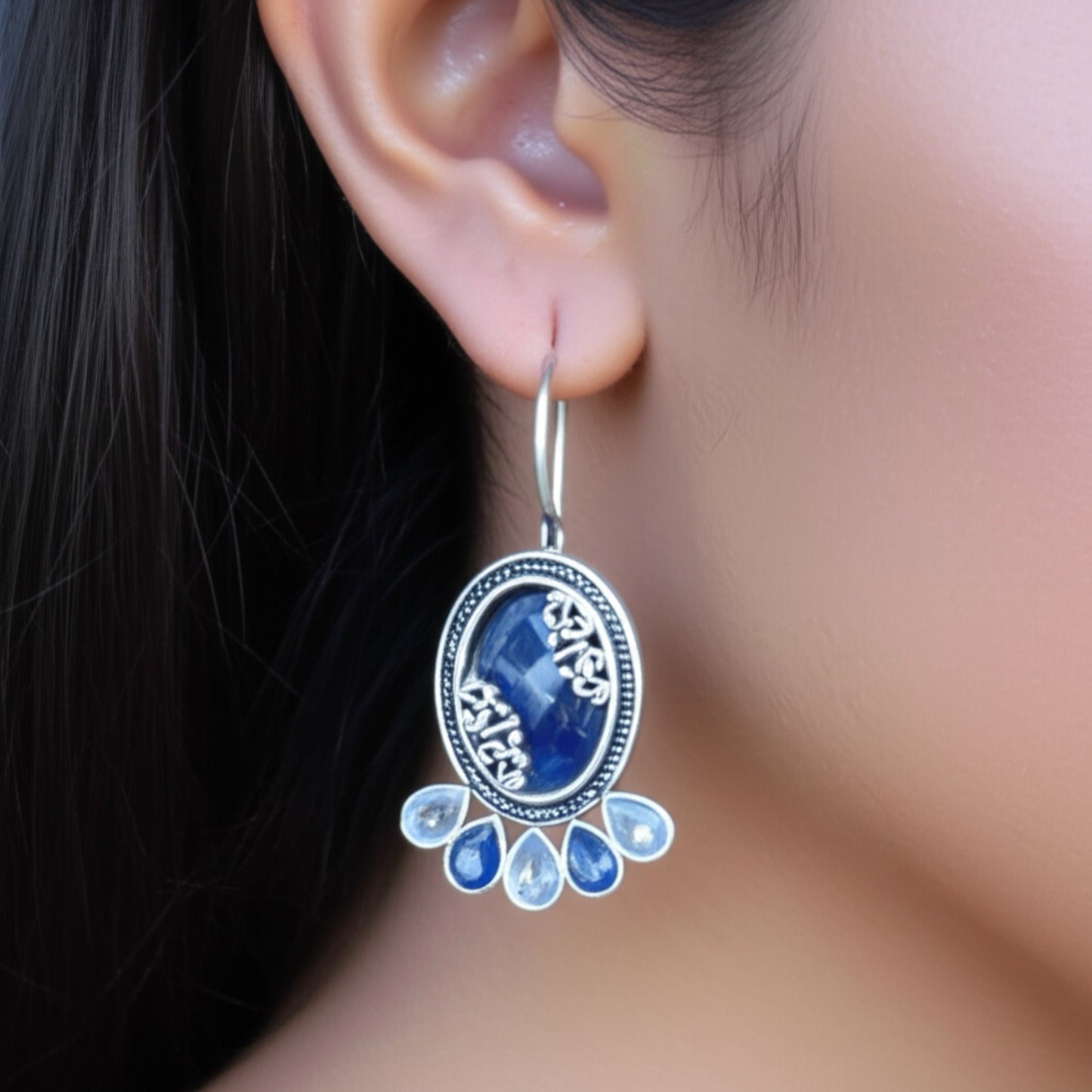91509-ERO Pretty Precious Fashion Oxidised Silver Stylish Party Wear Earrings for Women and Girls-Blue