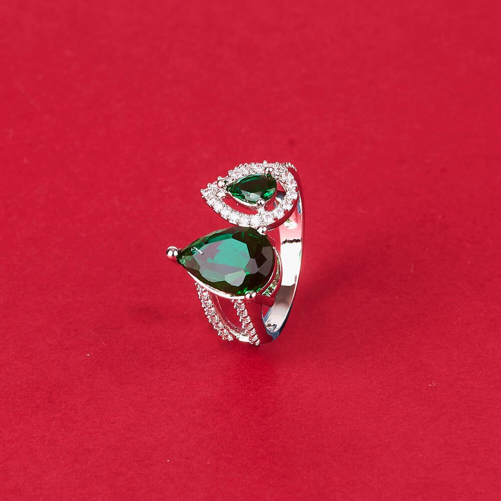 437888 Cubic Zirconia Adjustable Ring With Rhodium Plating-Green