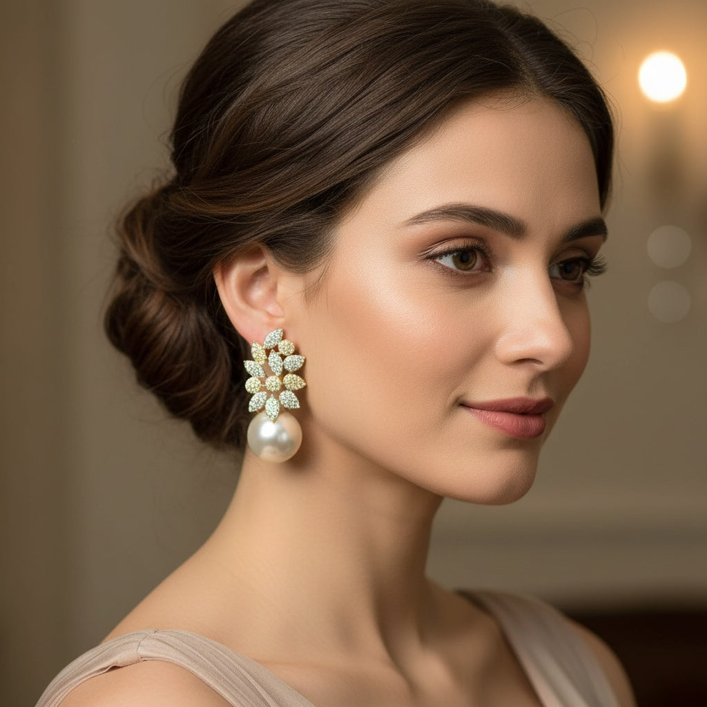 439482 Cubic Zirconia Moti Earring With Rhodium 2 Tone Plating