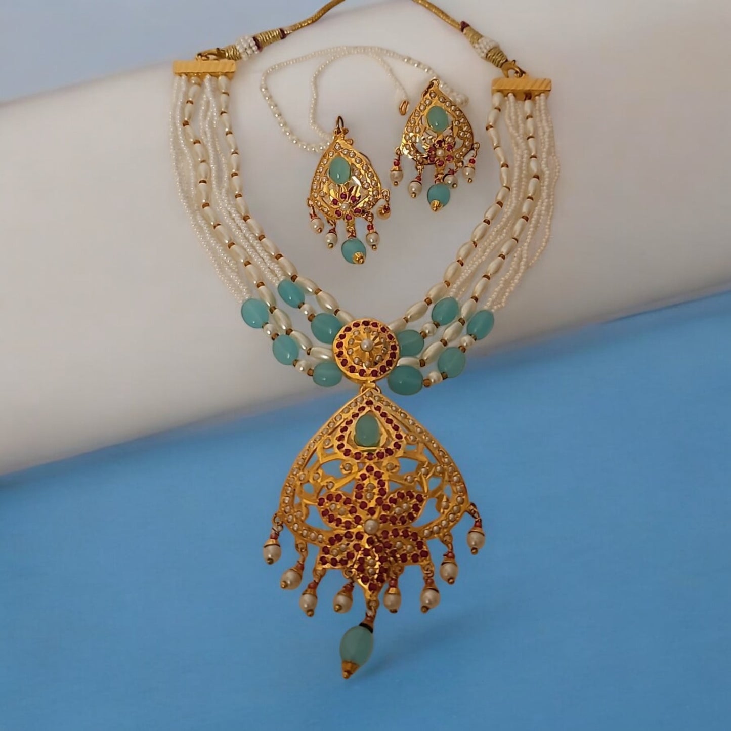 MJ-NS-922009 - Jadau Neckles Set Choker 1gm 24K Gold Plating-Blue