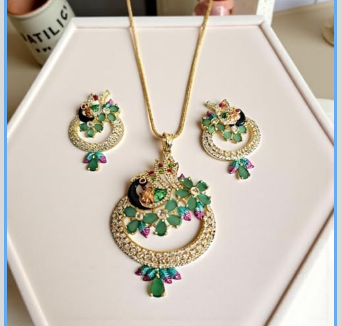 97659-PS-American Diamond Delicate Pendant Set With Gold Plating with Meenakari Green - Ruby