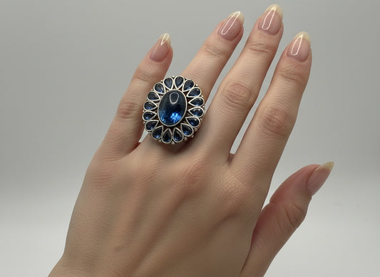 808200 Oxidised Adjustable Ring With 2 Tone Plating-Blue