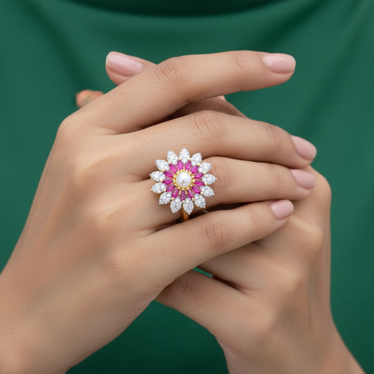 438602 Cz Adjustable Ring With 2 Tone Plating-Ruby